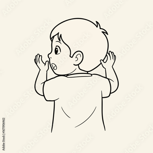 Outline drawing of child with hands raised in surprise on soft background. Child is standing with back to viewer, displaying a startle. Child drawing for children's books.
