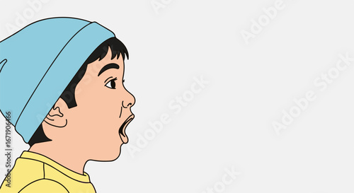 Boy shouting with surprised expression on clean background, showing an open mouth, eyes wide and a general excitement. Boy shouting is a representation of excitement, joy, or surprise,