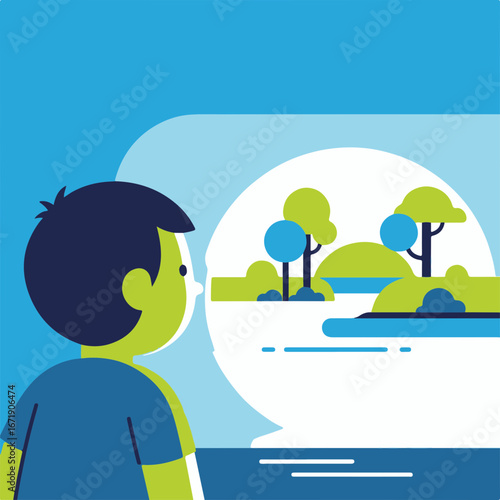 Boy dreaming of vacation shows summer trees and blue water. Vacation dream reveals his desire for summer holiday and travel to a tropical seaside destination with palm trees.
