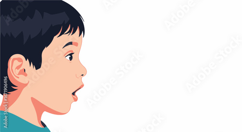 Surprised boy looks upward in a state of shock, showing emotion on face. Child expresses surprise upon seeing something, making viewers wonder what has caught his attention.