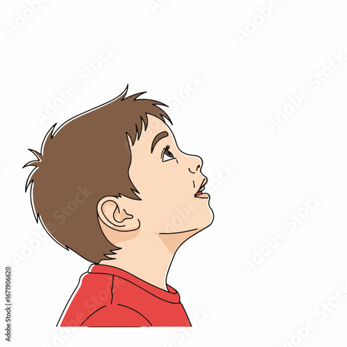 Boy looking up with open mouth against white background, cute young kid showing excitement. Expressive boy looking up with surprise, perfect for children's illustration and educational materials.