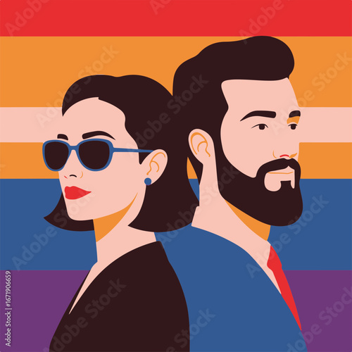 Modern gay couple standing back to back in front of rainbow flag, reflecting pride and love. Gay couple shows relationship and support for equality. 