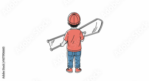 Boy carrying net for butterflies against white background. Little kid with net for butterflies looks like fisher ready for catching, standing with his back to viewer.