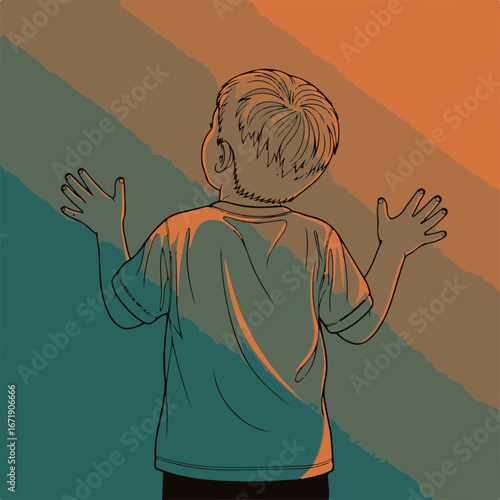 From behind view kid looks up with open arms in colorful graphic illustration. Boy gazes upwards, spreading arms in gesture of innocence in sketchy illustration.