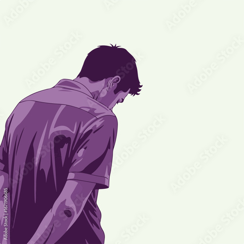 Man with head down in contemplation, a contemplative pose with hands behind back in purple tones against pale backdrop. Contemplation portrait symbolizes introspection and personal reflection,