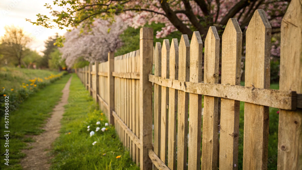 Fototapeta premium Rustic Wooden Fence, Spring Blossoms, Peaceful Garden Path, Warm Sunset Light