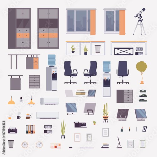 Office items environment, collection of furniture, decorative items, and equipment, for modern home or office setting, storage cabinets, water coolers, desktop monitors, laptops. Vector illustration