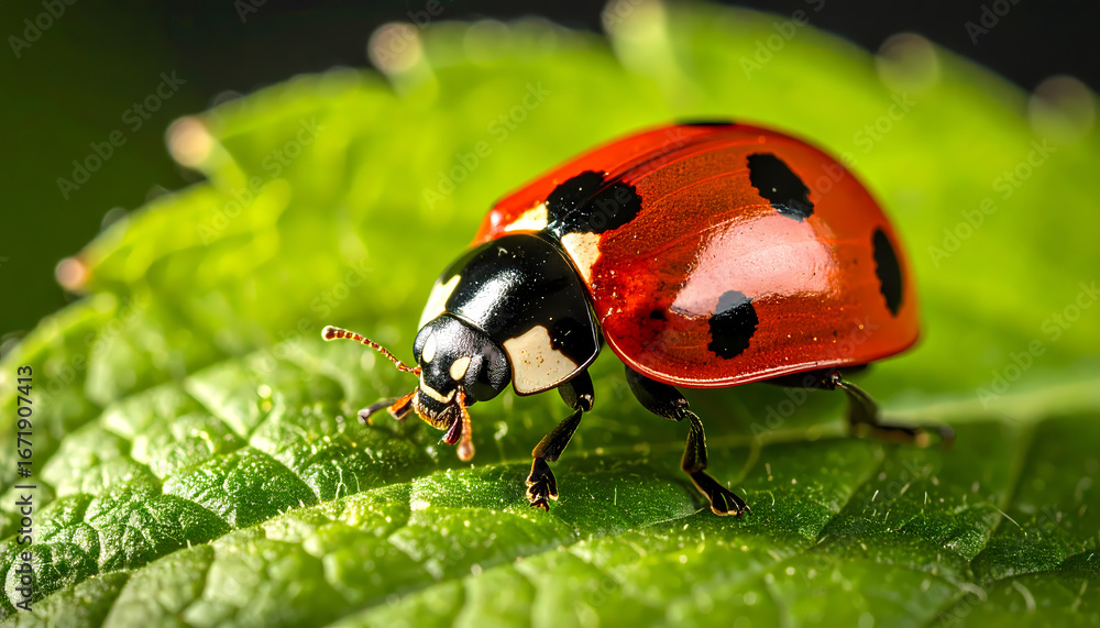 Fototapeta premium Vibrant red ladybug with black spots crawling on fresh green leaf. tranquil macro closeup of tiny insect highlighting delicate beauty of nature and wildlife in garden