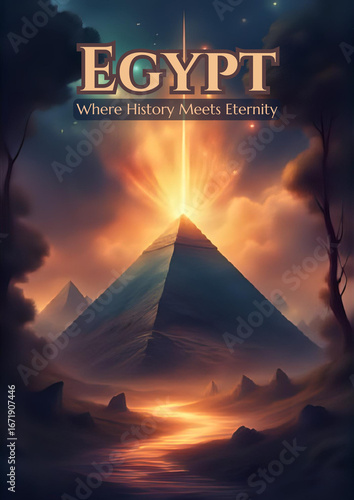 Mystical Ancient Egyptian Landscape with Golden Pyramid
