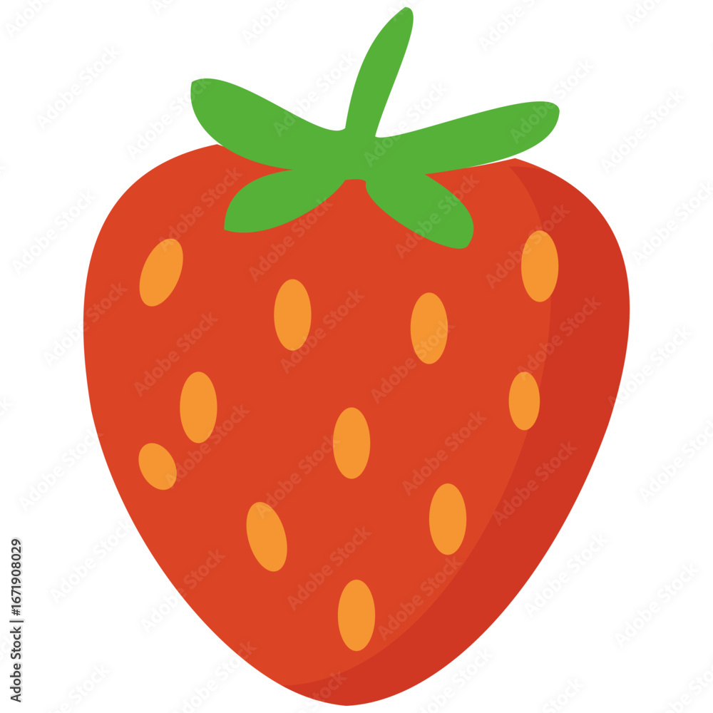 Obraz premium Strawberry fruit illustration with green leaf, isolated on white background, sweet juicy fresh organic healthy seasonal berry.