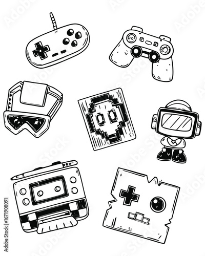 Retro Game Icon Set Collection with Hand-Drawn Style