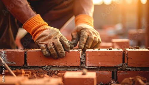 hands of a construction worker in gloves represent true craftsmanship and manual-skill, using a tool for masonry to build a strong brick structure.