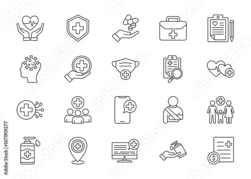 Healthcare thin line icon set. Containing diagnosis, health, prevention, treatment, medical