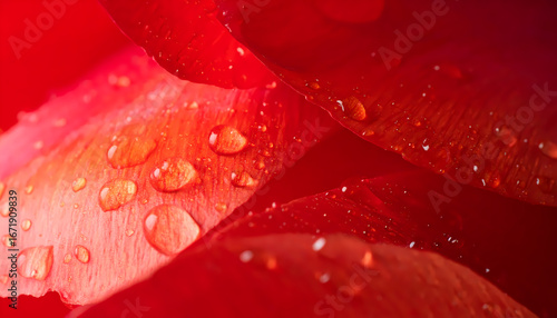 Passionate macro close up of fresh, beautiful red flower petal with water drop. vibrant nature detail creates sensual and romantic background with pure texture