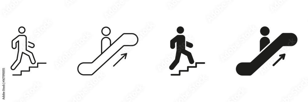 Person Walking Up Stairs And Escalator Icon Set. Movement And Transportation Symbol Collection. Mobility, Accessibility and Directional Guidance. Isolated Vector Illustration Person Walking Up Stairs And Escalator Icon Set. Movement And Transportation Symbol Collection. Mobility, Accessibility and Directional Guidance. Isolated Vector Illustration