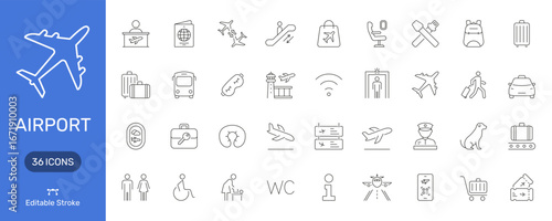 Airport Travel And Services Line Icon Set. Aviation, Passenger Assistance, And Airport Facilities Outline Symbol Collection. Editable Stroke. Isolated Vector Illustration