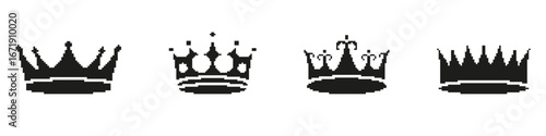 Royal Crown Pixelated Icon Set. Pixel Art Symbol Collection of Various Majestic Crowns With Jewels and Spikes. Isolated Vector Illustration
