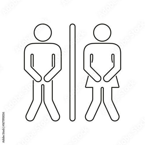 Bathroom Emergency, Urinary Urgency, And Toilet Signage. Restroom Urgency Line Icon. Male And Female Holding Bladder Outline Symbol. Editable Stroke. Isolated Vector Illustration