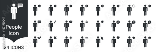 People Icon Solid Icon Set. User Interaction, Communication, And Profile Management Silhouette Symbol Collection. Symbols For Messaging, Security, And Preferences. Isolated Vector Illustration