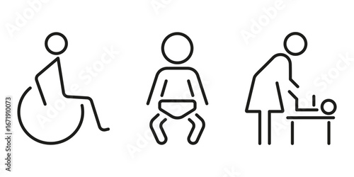 Wheelchair, Baby and Diaper Changing Station Line Icon Set. Accessibility, Childcare and Parenting Outline Symbol Collection. Editable Stroke. Isolated Vector Illustration