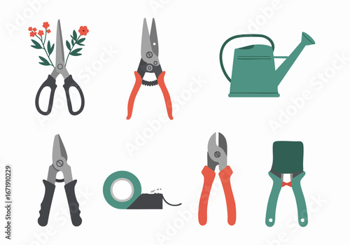 Flat Vector Collection of Essential Gardening Tools and Accessories for Cultivation and Floral Arrangement on White Background