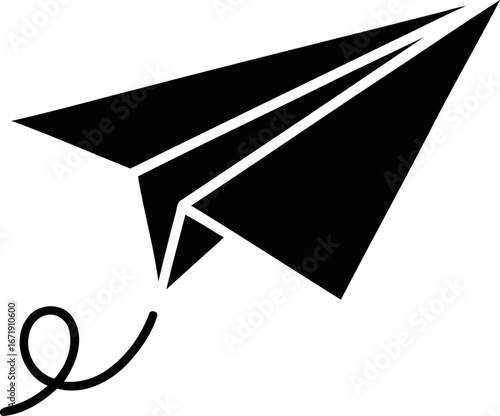 Simple paper airplane flying smoothly with a curvy trail line