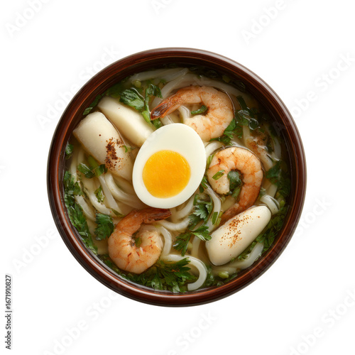 Delicious Udon Noodle Soup with Shrimp, Fish Cake, and Soft Boiled Egg - Overhead Shot