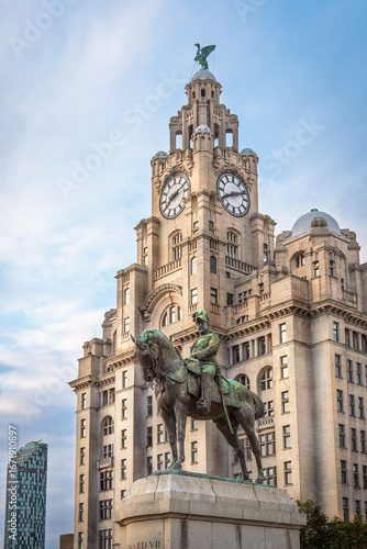 Liverpool city skyline, waterfront featuring The Royal Liver Building, on the River Mersey, England. 6th August 2025