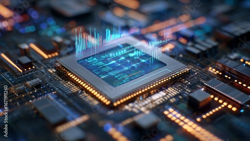  close-up of futuristic processor with holographic overlays of data and clean background