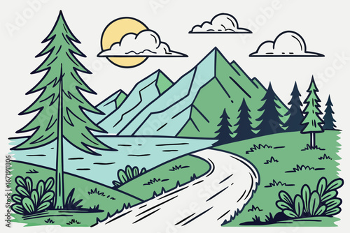 Mountain Lake Trail — Scenic Stylized Landscape Vector for Posters, Prints & Outdoor Design