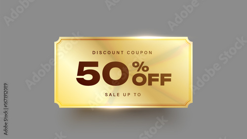 Abstract golden background 50% off sale coupon card. Golden discount card vector design.	