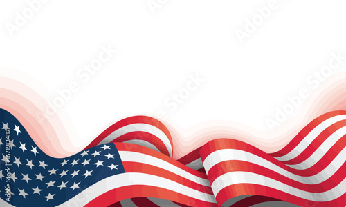 Stylized American flag with flowing red and white stripes and blue field of stars, symbolizing patriotism, pride, and national identity