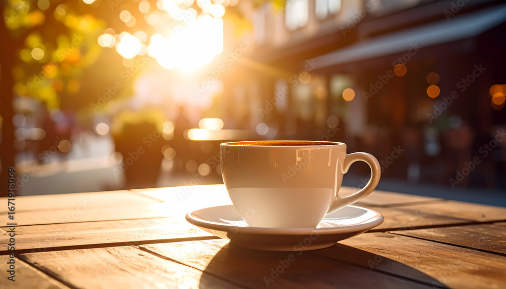 Obraz premium Warm coffee cup on wooden table at an outdoor cafe during peaceful morning. relaxing sun provides beautiful golden light, creating serene and inviting scene