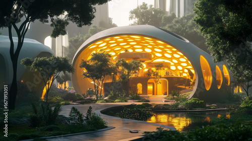 Futuristic city with minimalist geodome glowing in yellow neon, modern trees and living spaces inside, smart sustainable architecture, sci-fi urban concept