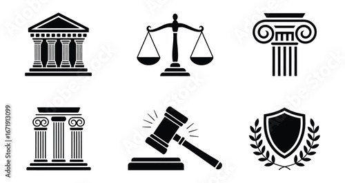 Black and white law and justice icon set with courthouse, gavel, scales, shield, and columns, ideal for legal branding and governance design
