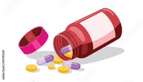 Illustration of red medicine bottle with spilled pills and capsules on surface, symbolizing pharmaceuticals, healthcare, and drug safety