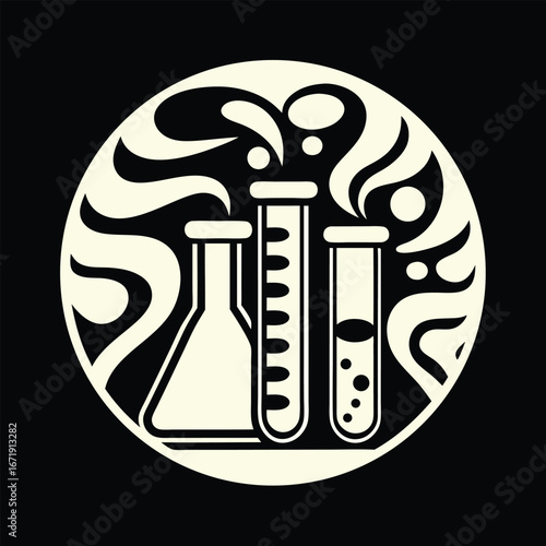 Monochrome Science Laboratory Illustration Featuring an Erlenmeyer Flask and Test Tubes for Chemical Experiments
