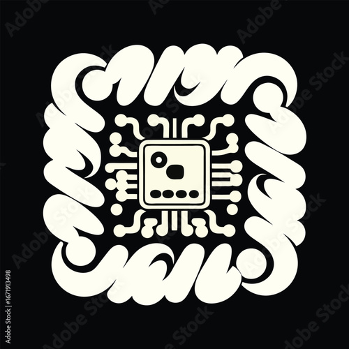 Minimalist Microchip Design Ivory on Black Background Tech Science T-shirt Design