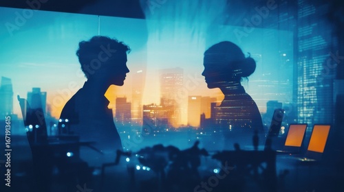 Silhouetted professionals conversing against cityscape reflecting collaborative ambition