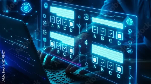 Hands on Laptop with Blue Digital Quiz Screens and Multiple Choice Options Display