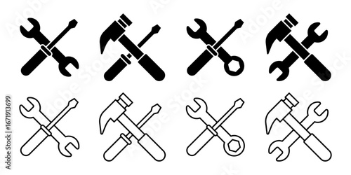 Vector isolated Mechanic Tools icon set in black outline and fill