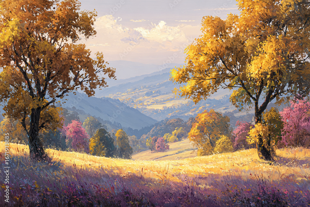 Fototapeta premium Autumnal landscape painting golden trees hillside valley wildflowers sunlit meadow