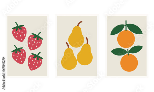 Illustration of strawberries, pears, and oranges in separate panels, showcasing colorful fruit varieties for educational or decorative use