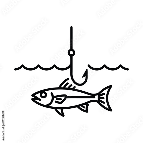 Black and white line art of fish caught on hook below water surface, ideal for fishing concepts, outdoor branding, and metaphorical design