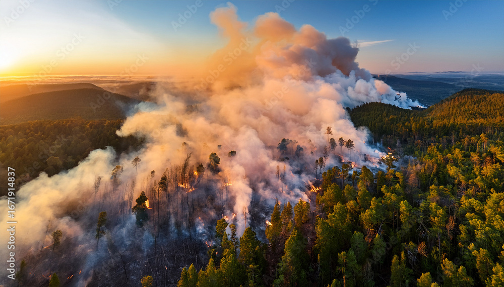Fototapeta premium aerial view of raging wildfire during golden hour showcasing thick smoke and burning forest in sunset light highlighting environmental impact and urgency of forest preservation