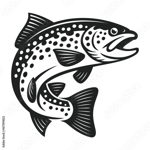 Dynamic trout fish illustration in black and white, detailed scales and fins, ideal for fishing logos, wildlife emblems, and outdoor branding