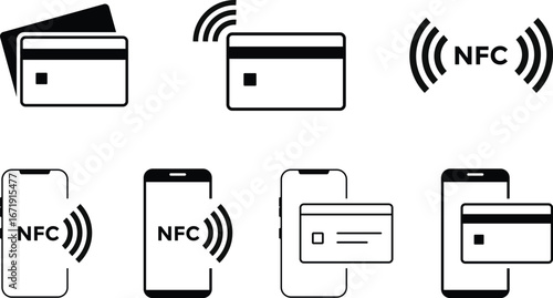 NFC mobile payment icon set. representing secure digital money transfer.  Nfc wireless mobile banking signs. credit card symbol.  digital payment symbol. money transfer sign
