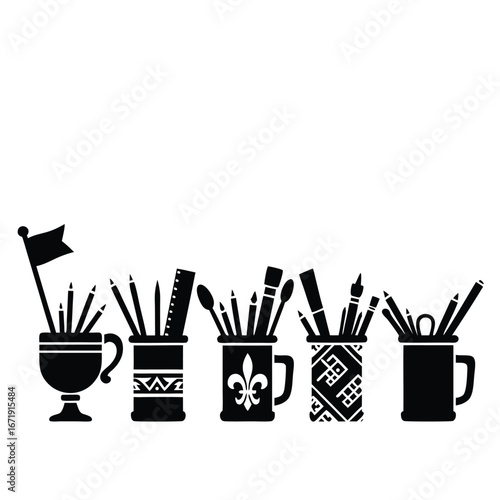 Black silhouette of art supplies in decorative cups
