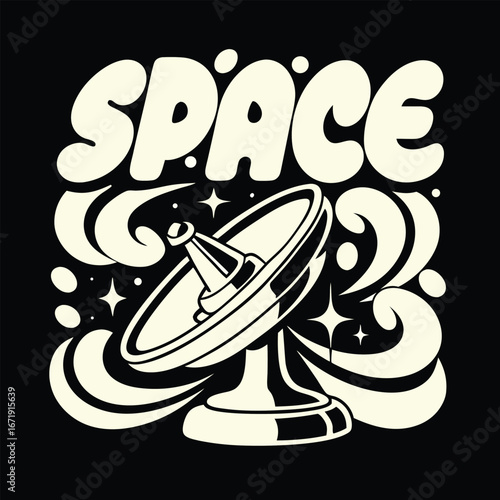 Retro Space Exploration T-shirt Design with Satellite Dish and Stars