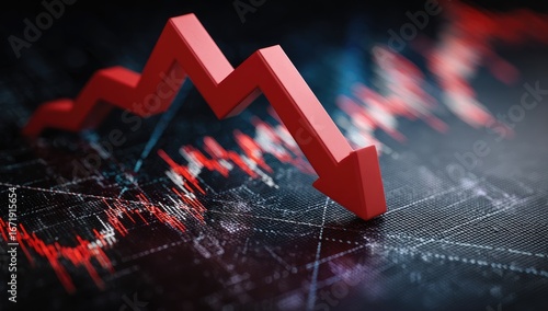 A red arrow plunges downward over a dark financial chart, symbolizing market decline